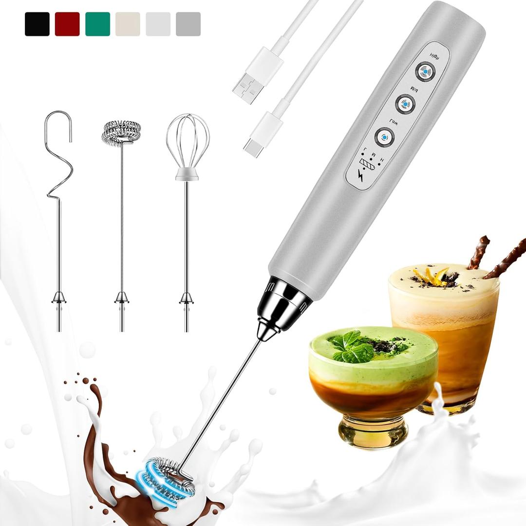 Colarlemo Milk Frother Handheld Rechargeable, Frother Wand Drink Mixer Electric Whisk for Coffee, Detachable With 3 Stainless Whisks, Hand Mixer for Lattes, Cappuccino, Matcha, Egg, No Stand, Silver
