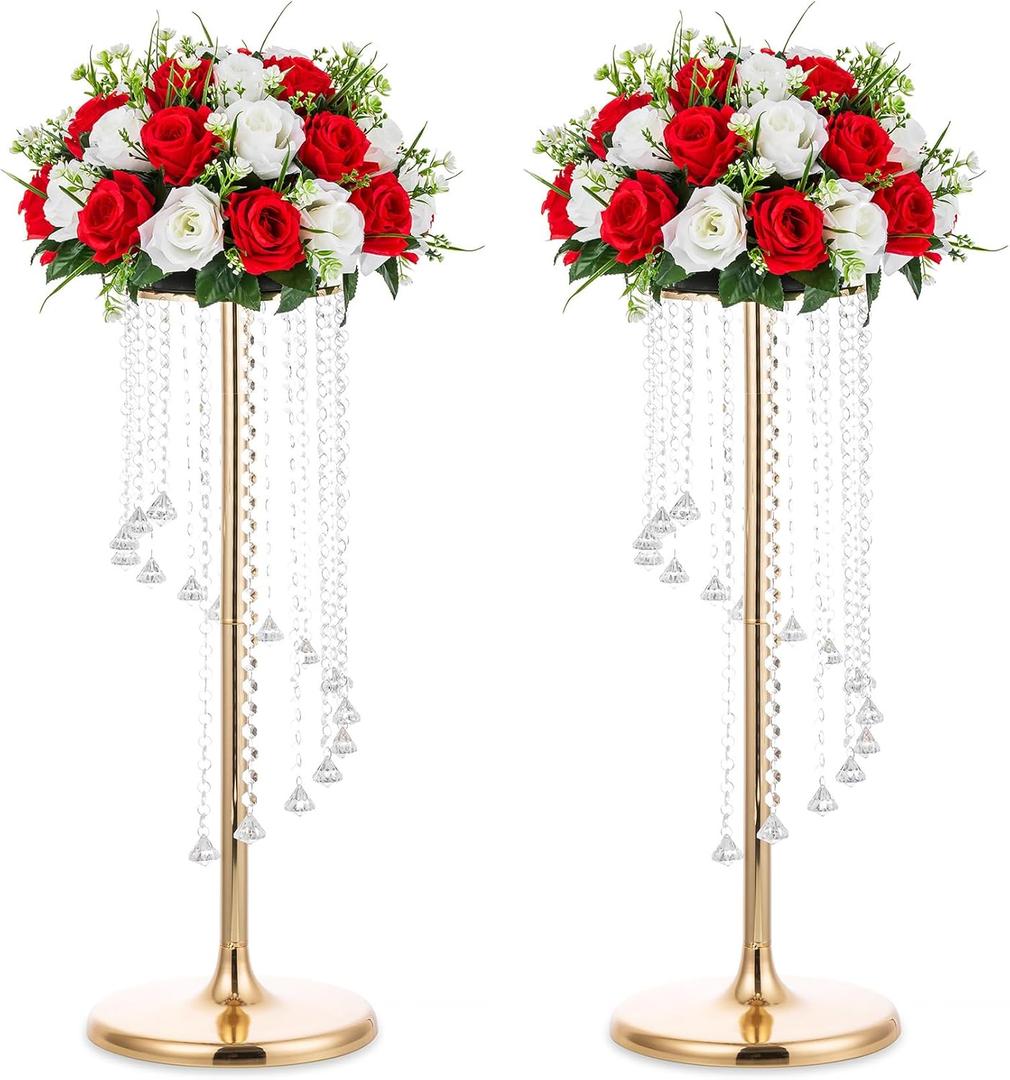Nuptio 2 Pcs 27.6inch Tall Wedding Centerpieces Gold Vases Crystal Flower Vase Metal Flowers Stand for Party Tables Decorations - Elegant Bulk Weddings Decoration Table Chandelier Centerpiece Stands