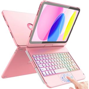FUWANG Touch Keyboard Case for iPad (A16) 11th Generation 11 inch 2025&10th Gen 10.9 inch 2022, 360 Rotate for iPad 10th Generation Case with Keyboard, Backlit Keyboard Case with Pencil Holder, Pink