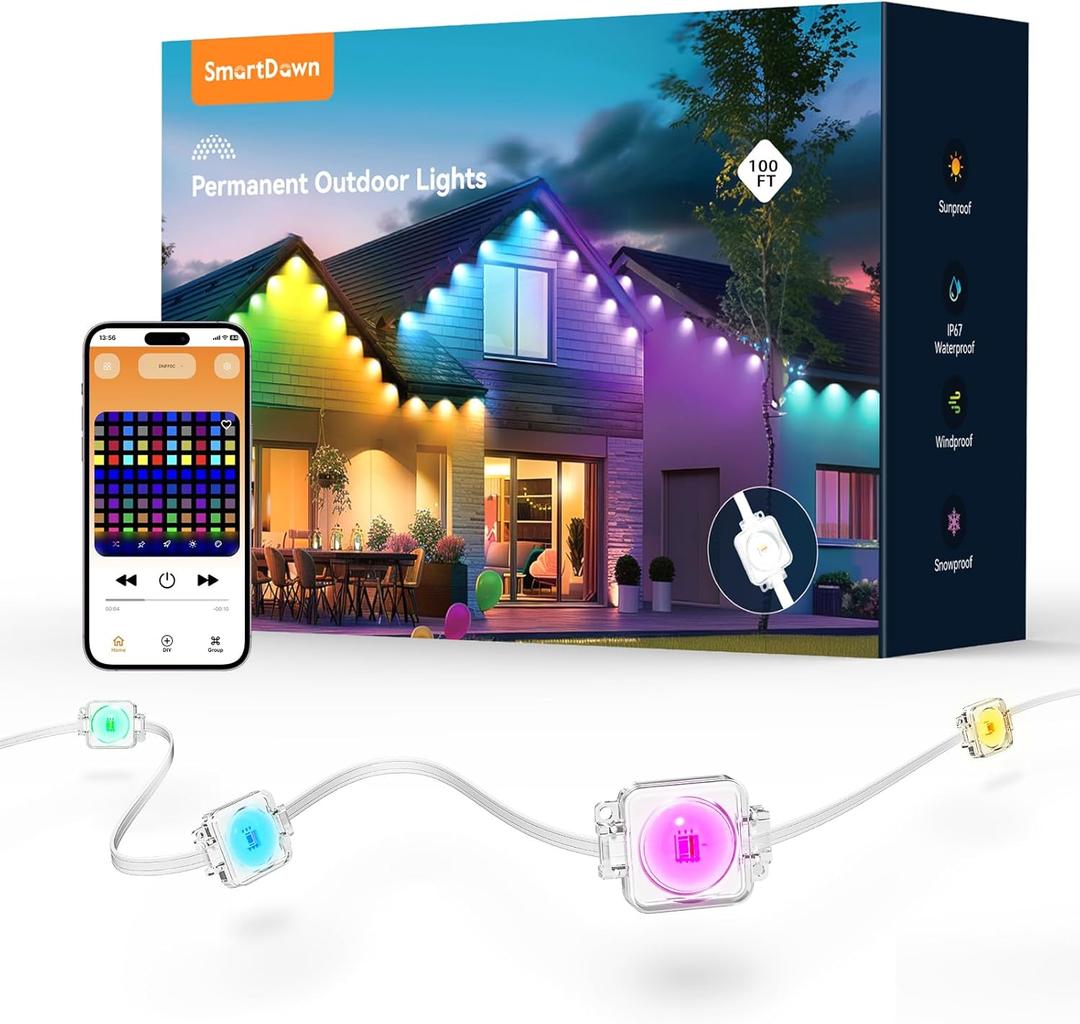 Permanent Outdoor Lights, 100FT 64 Bulbs RGB LED Outdoor String Lights, DIY Scene Mode, IP68 Waterproof Christmas Lights for Daily Decor, House Roof, Holiday Decorations, Outside