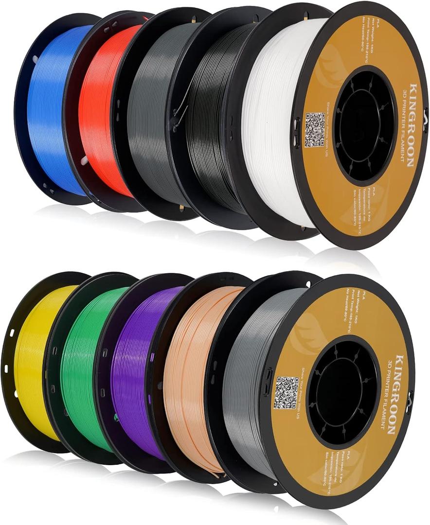 Kingroon PLA 3D Printer Filament, 10 Rolls, Dimensional Accuracy +/- 0.02 mm, 10kg Spool(22lbs), 1.75 mmBlack White Grey Red Blue Green Purple Skin Silver Yellow