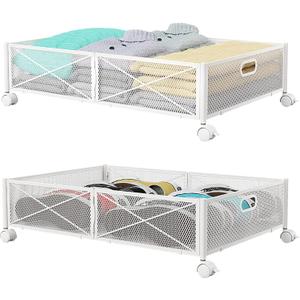 PHINOX Under Bed Storage with wheels, Under the Bed Storage Containers,Upgrade Crossed Iron Wire, Metal Rolling Underbed Storage Containers for Bedroom Clothes Shoes Blankets-2 Pack,White