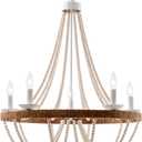 Wood Beaded Chandelier 5 Lights Boho Candle French Country Farmhouse Chandelier Bohemia Pendant Light for Living Room Dining Room Kitchen Foyer, Distressed White, Dia 26