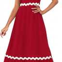 Women's Flutter Sleeveless Square Neck Midi Dress 2025 Casual High Waist Rickrack Tiered Flowy Dresses with Pockets, Small Red