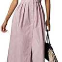 calbatic Women Striped Button Down Pleated Shirt Dress Summer Short Sleeve Ruffle A Line Swing Long Blouse Midi Long Dress, S