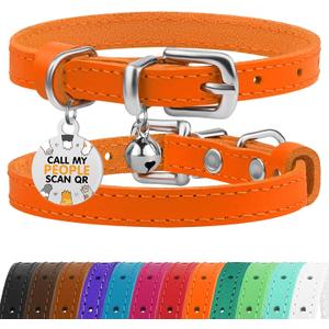 BRONZEDOG Leather Cat Collar with Removable Bells Non Breakaway Kitten QR Tag for Girl Boy (9" - 12" Cats/Mini Dogs, Orange & Silver)