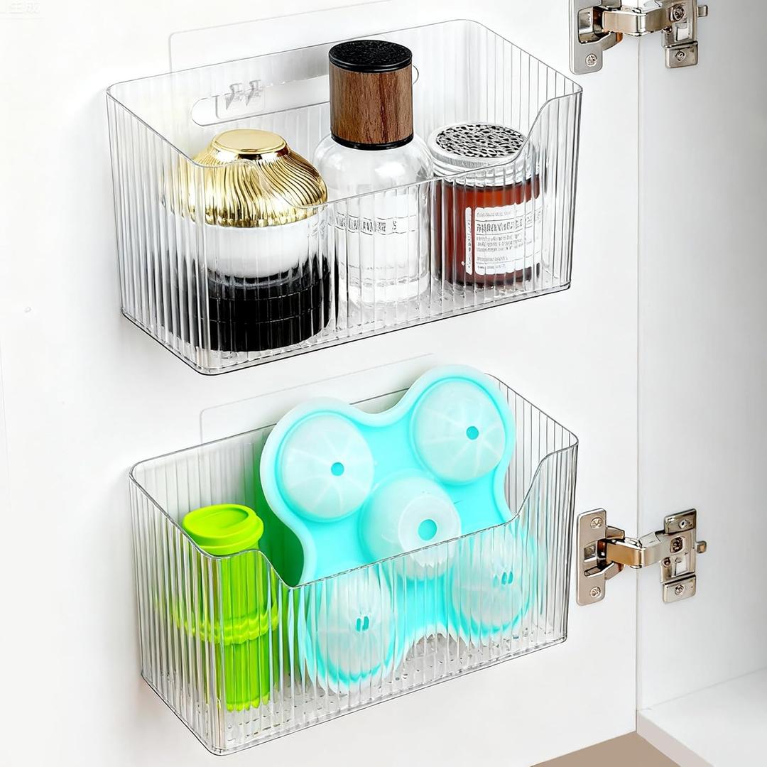2 Pack Cabinet Door Organizer, Adhesive Wall Mounted Organizer Bins, Clear Storage Caddy, Stackable Basket for Kitchen Cabinets, Bathroom, Pantry, Office, and Tabletop Organization