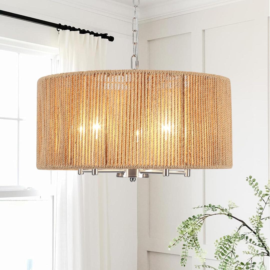 Rattan Chandelier for Dining Room, 5-Light Large Farmhouse Chandeliers Hand Woven Boho Pendant Light Fixture, 19'' Brushed Nickel Wicker Chandelier for Foyer Hallway Bedroom Kitchen Living Room