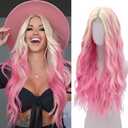 WECAN Pink and Blonde Wig-Long Pink Blonde Wigs For Women Synthetic Wig Heat Resistant Fiber Wigs for Daily Party Use (28 Inch)