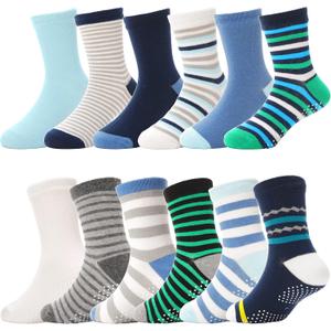 ANTSANG Baby Boys Grips Socks Kids Toddlers Infants Non Slip/Anti Skid Crew Cotton Socks (1-3T, Blue Striped(12 Pairs))