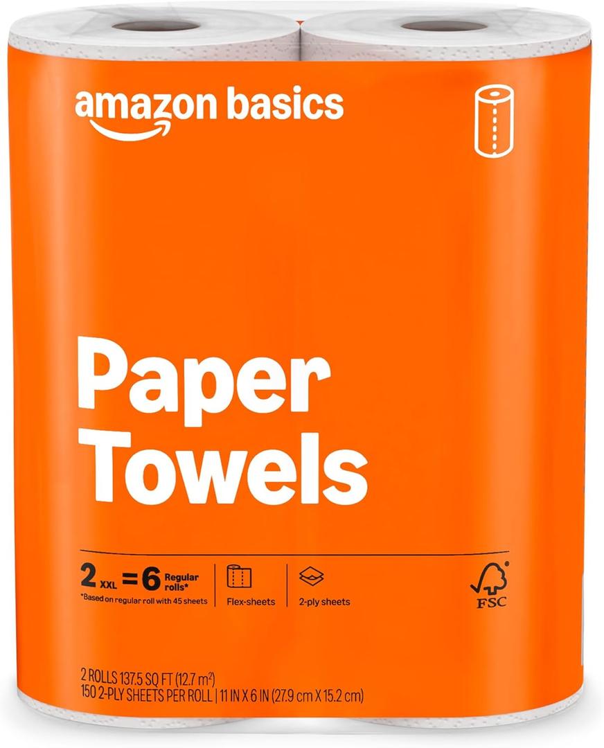 Amazon2-Ply Flex-Sheets Paper Towels, 2-Pack, 150 Sheets per Roll, 2 Basics Rolls = 6 Regular Rolls, for Everyday Use, Spills and Messes