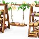 3 Tier Wooden Cupcake Stand with Swing & Flower Decor, Dessert Table Display Set with Removable Trays for Cake Fruit Snack Bread, Rustic Foldable Ladder Stand for Party, Birthday, Wedding & Events