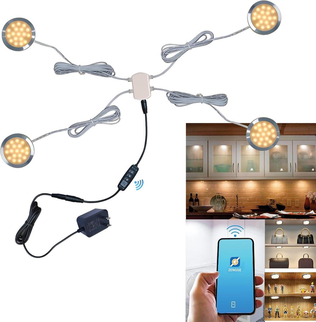 Smart LED Puck Lights with APP Control, Dimmable Cabinet Lighting with Bluetooth, Music Sync and Timer Function, Under Cabinet Lights, DC 12V Adaptor (Silver, Warm White Light, 4Pack)