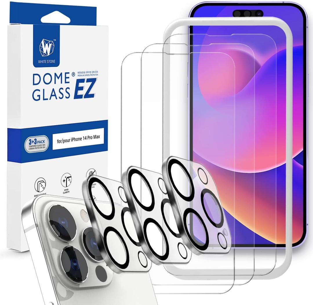 [Whitestone EZ] Glass 3pck + Cam 3pck [Dome Glass EZ] Full Coverage Tempered Glass Shield [Easy Install- JIG type included] by Whitestone for Apple iPhone 14 Pro Max - Three Pack