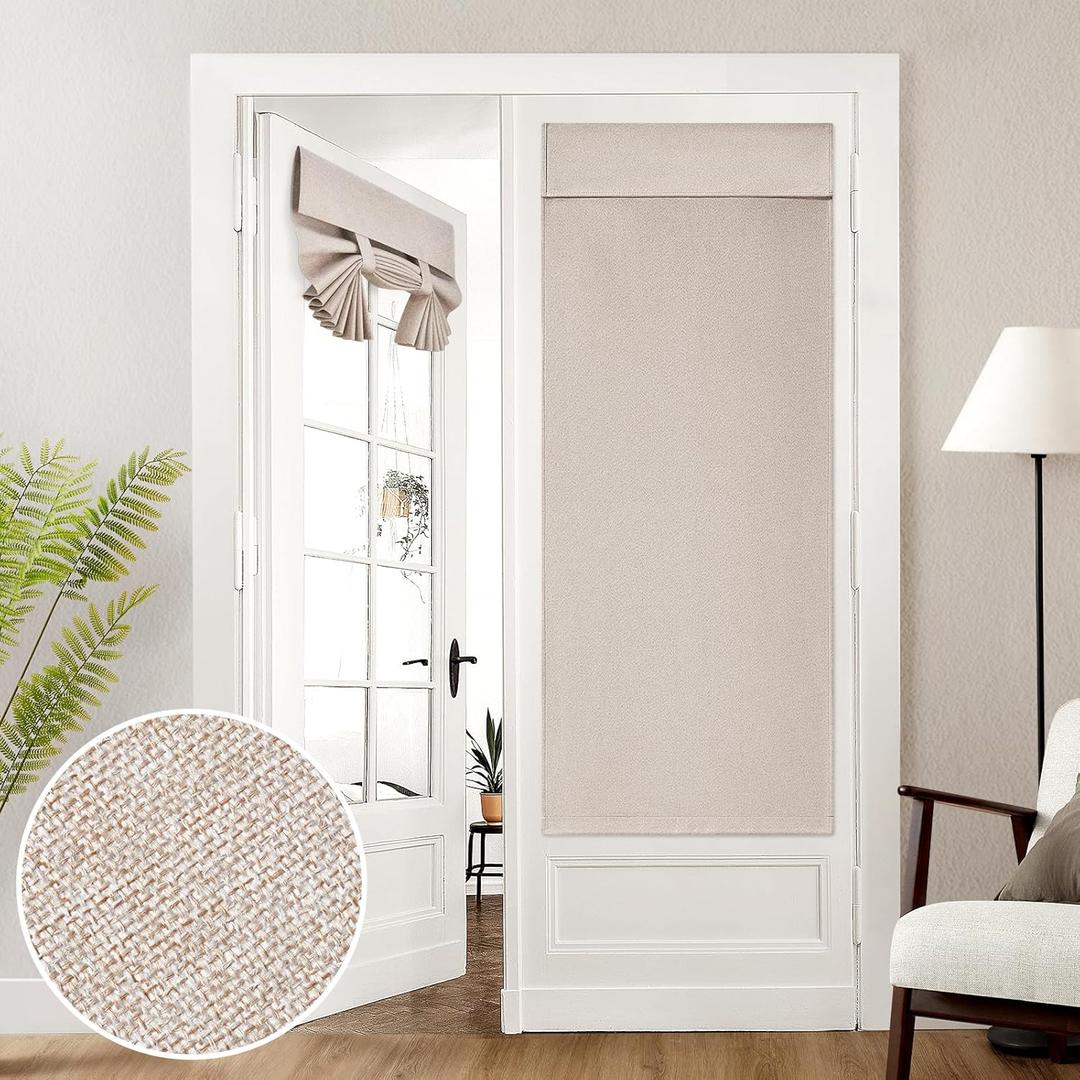HOMEIDEAS 100% Linen Blackout French Door Curtains, Privacy Door Window Curtains, 26 X 68 Inch Room Darkening Blinds, Thermal Insulated Shades for Bedroom, 1 Panel, Natural