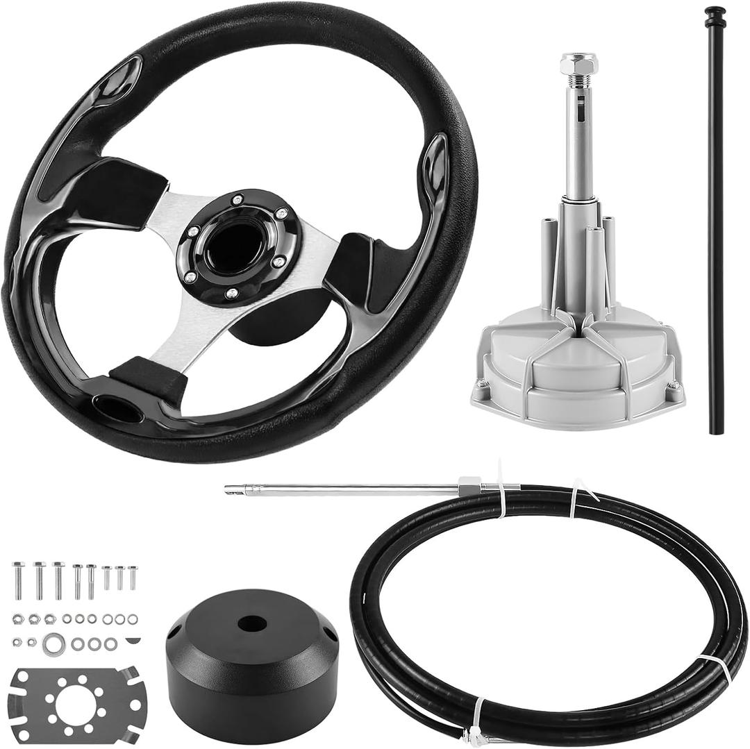 Boats Steering System, 10ft Cable Outboard Steering Kit 3/4" Standard Tapered Shaft, Boat Steering Control Cable for Yachts, Fishing Boats and Other Watercraft - with Steering Wheel