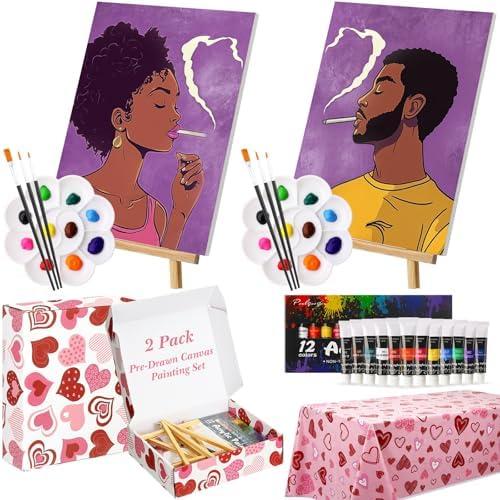 Resurhang 2 Pack Sip and Paint Kit for Adults Couples Date Night Paint and Sip Kits for Adults Pre Drawn Canvas 8 x 10 Inch for Date Night Party Supplies & Gifts(Cool Couple)