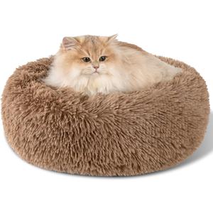 Dog Calming Beds for Small Medium Large Dogs - Round Donut Washable Puppy Dog Bed, Anti-Slip Faux Fur Fluffy Donut Cuddle Anxiety Cat Pet Bed(16'' Khaki