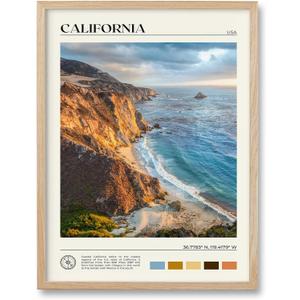 HesenDot Natural OAK Wood Coastal California Refers Framed Wall Art,12x16in Natural Seascape Canvas Wall Print,Classic Urban Landmark Wall Decor for Living Room,Bedroom,Office Gallery Gifts Set of 1