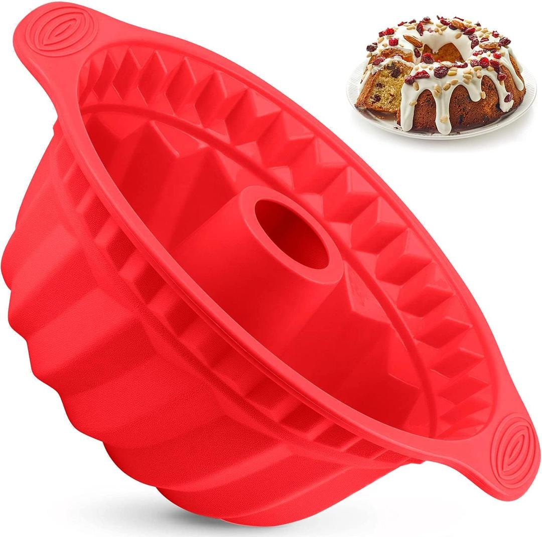Kenond 9.5 Inch Silicone Cake Pans, Non-stick Fluted Cake Pan with Sturdy Handle, Cake Baking Molds, Perfect Bakeware for Cake, Jello, Gelatin, Bread, Para Gelatinas (Red) (1 Pack)