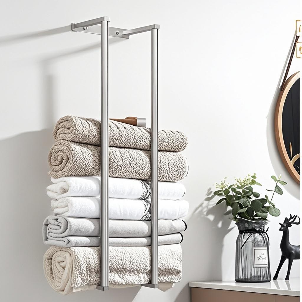 Towel Racks for Bathroom, Towel Holder for Bathroom Wall, 304 Stainless Steel Bathroom Towel Rack Wall Mounted for Storing Towels, Robes, Bathroom Towel Holder with Hooks, Bathroom Towel Storage, Pro (Large(Height 28.9"), Silver)