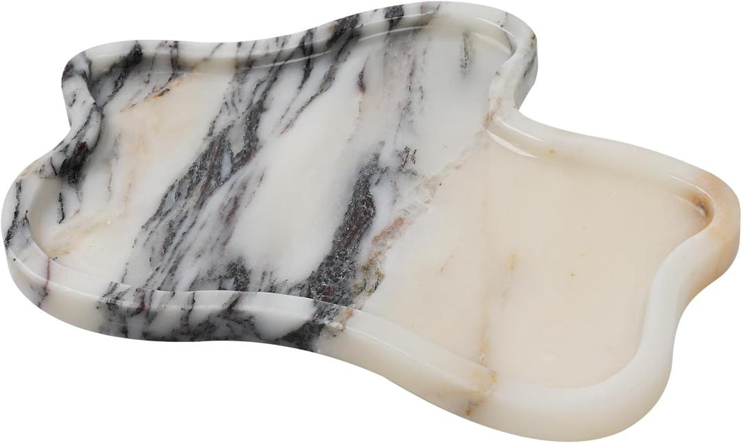 Marble Tray, Marble Vanity Tray 10.8" x 8", Bathroom, Decor for Trinket Perfume Jewelry Candle, White Marble Purple Veins, 11 Inch Cloud