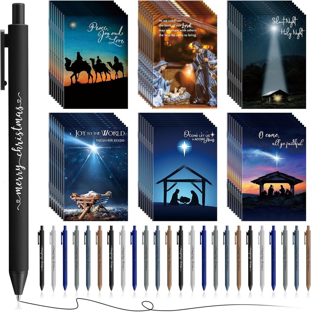 Qilery 24 Set Christmas Christian Nativity Jesus Gifts Bulk Bible Verse Notepads and Pens with Scripture Religious Church Inspirational Gifts for Women Men Staff Coworker