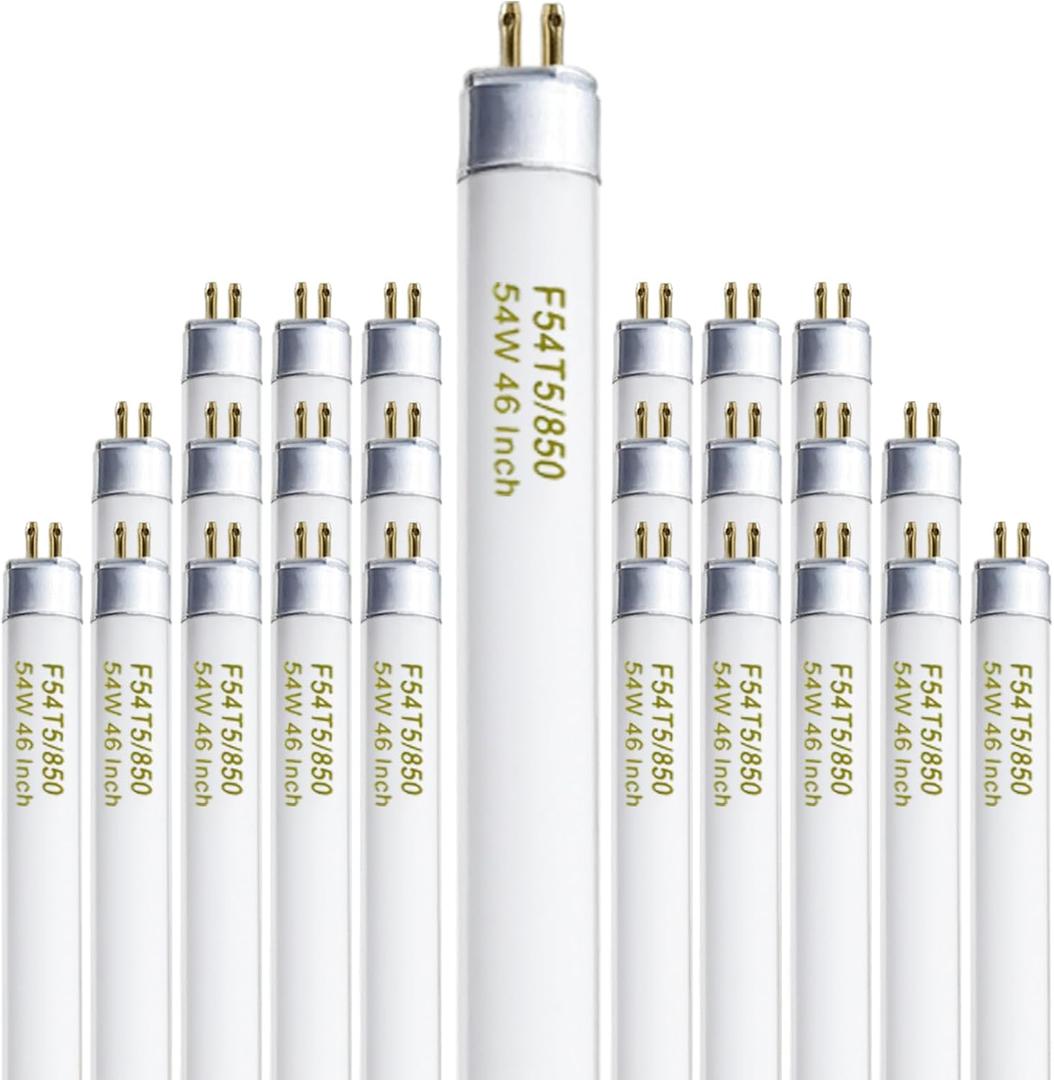 Konideke 46 Inches T5 Fluorescent Bulb 54W, F54T5/850/HO 54 Watt T5 High Output 5000K Fluorescent Tube, 25 Pack, G5 Base, 4200 Lumens, CRI 82