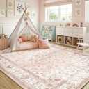 CAPALOCA Machine Washable Rugs Nursery Rug 5x8 Cute Girl Non Slip Low Pile Water Repellent Soft Print Pattern for Bedroom Indoor Decor Kids Playroom Pink