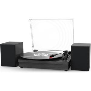 WOCKODER Record Player with Dual Stereo Speakers, Vinyl Record Player with 3 Speed Support Wireless Connection RCA Output Aux in USB Vintage Design Turntable Black