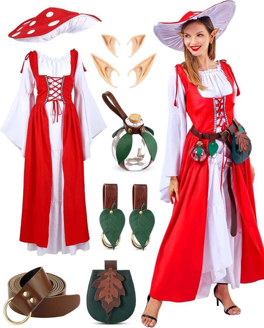 10 Pcs Mushroom Elf Costume Women Renaissance Outfit with Mushroom Hat Elf Ears Leaf Belt Bag Skirt Hikes (X-Small)