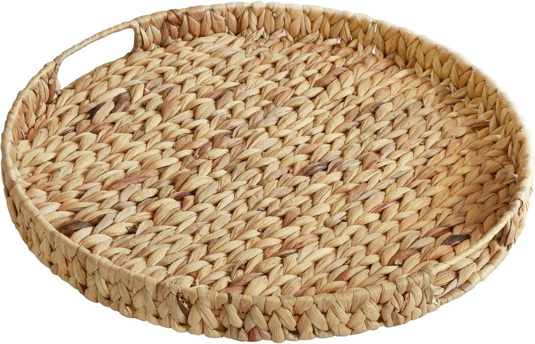 Round Extra Large Ottoman Table Tray 19.7" with Handles - Water Hyacinth Wicker Serving Tray for Farmhouse Decorative Oversized Coffee Table Trays Living Room Kitchen Counter Breakfast (Flush Edge)
