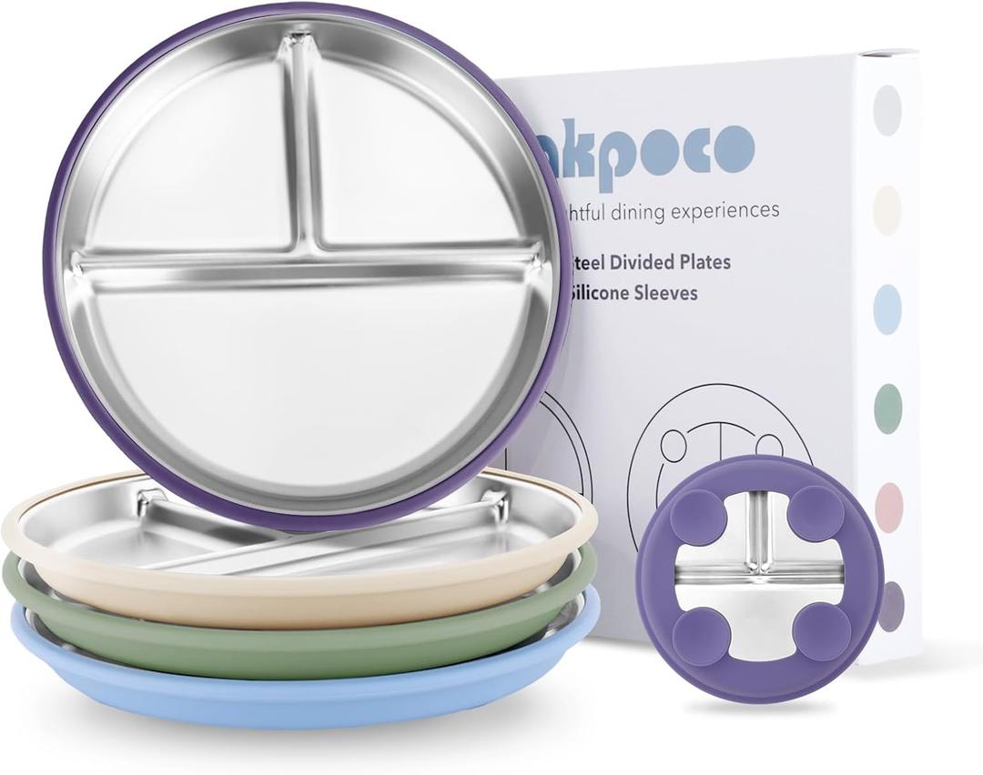 Bakpoco Stainless Steel Suction Plates for Toddlers, 9" Divided Kids Baby Plates with Removable Silicone Suction, Non Toxic Non Slip Portion Control Snack Dishes 4 Packs, Blue Green Purple Beige, 9" Round
