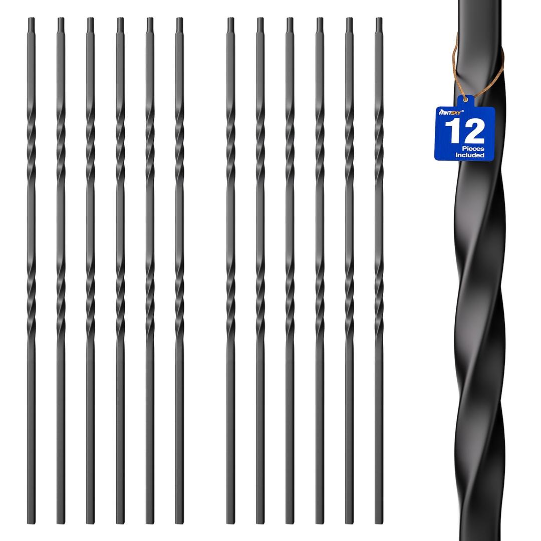 Wrought Iron Hollow Balusters - Deck Spindles Stair Railing Indoor,Stair Double Twist Hollow Iron Baluster Stair spindles, for Staircase Interior(12 Pack Black)