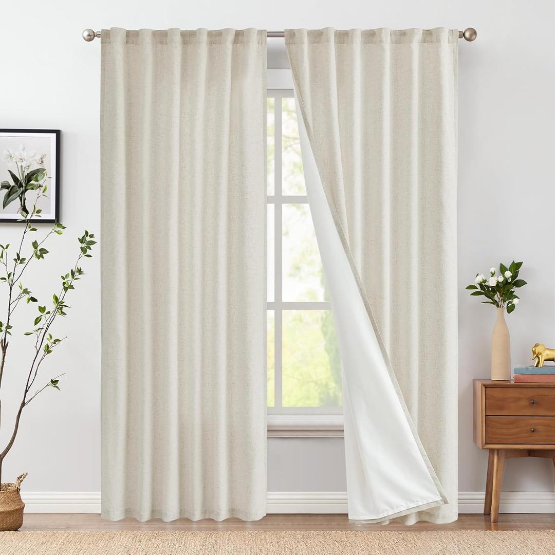 jinchan Room Darkening Linen Blend Curtains for Living Room 84 Inch Length Set of 2 Panels Curtains for Sliding Glass Doors, Farmhouse 50 Inch Wide Drapes with Rod Pocket Back Tab(50W x 84L, Ecru)