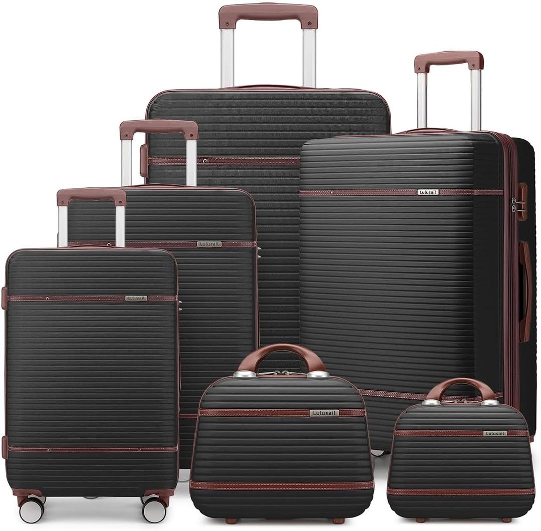 Luggage Sets 6 Piece with two Cosmetic Case, Expandable(Only 28 & 24") Hardside Luggage with 360° Spinner Wheels, Durable Luggage Set Clearance For Women Men, Black