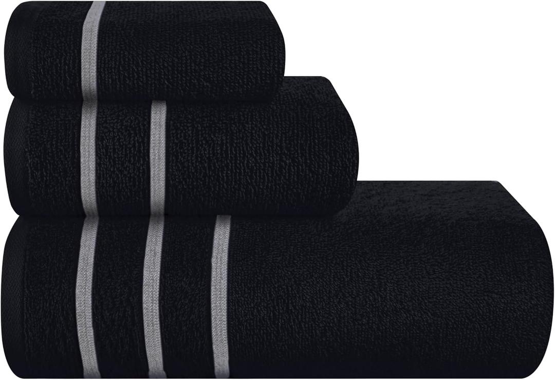 Ultra Soft 3 Pack Cotton Towel Set, Contains a Bath Towel 28x55 inch, a Hand Towel 16x24 inch & Wash Coth 12x12 inch, Ideal Everyday use, Compact & Lightweight - Black