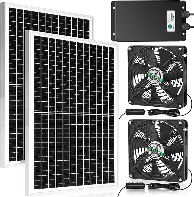 blessny Solar Rechargeable Dual Fan with 66.6Wh Battery Backup, 50W Solar Powered, 5.5" Bigger Intake or Exhaust Fan Kit, IP67 Waterproof, 3000 RPM High Velocity