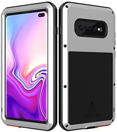 LOVE MEI Military Rugged Case for Samsung Galaxy S10 Plus, with Tempered Glass Screen Protector, Shockproof Dustproof Scratch Proof Hybrid Metal and Silicone Gel Heavy Duty Full Body Cover Silver