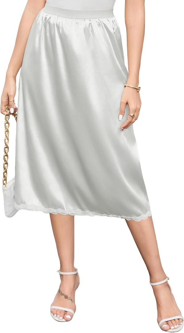 Litherday Half Slip for Under Dress Lace Long Underskirt Elastic Waist Satin Midi Skirt (XXL)