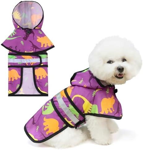 KOOLTAIL Dog Raincoat Hooded Slicker Poncho with leash hole, DRaincoat for Small Medium Dogs, Waterproof Doggie Rain Jacket with Reflective Strip, Adjustable Breathable Puppy Rainwear-Dinosaur Cartoon, M
