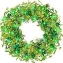 Thick & Timer - St Patricks Day Decorations, 18 Inch St Patricks Day Shamrock Wreaths for Front Door with 20 Green Lights Glitter Clover Berries Spring Wreath Irish St. Patrick's Day Door Decorations