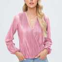 Women Long Lantern Sleeve Shirts Dressy Casual Loose Fit Fall V Neck Blouses Date Night Tops (Pink, L)