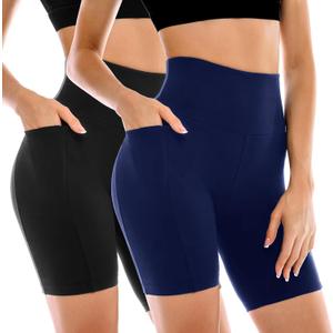 Leafigure 2 Pack Womens Biker Shorts with Pockets, High Waisted Yoga Shorts for Women Running Gym and Workout (Large-X-Large, Black/Navy)