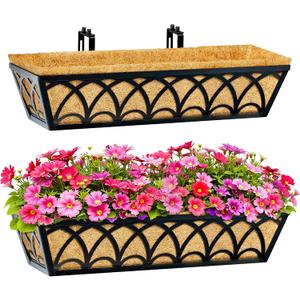 24 Inch Railing Planter Box Window Boxes Planters - 2 Pack Deck Railing Planter Boxes with Adjustable Brackets Coco Liners Balcony Planters Railing Hanging for Window Flower Boxes Outdoor Garden Decor