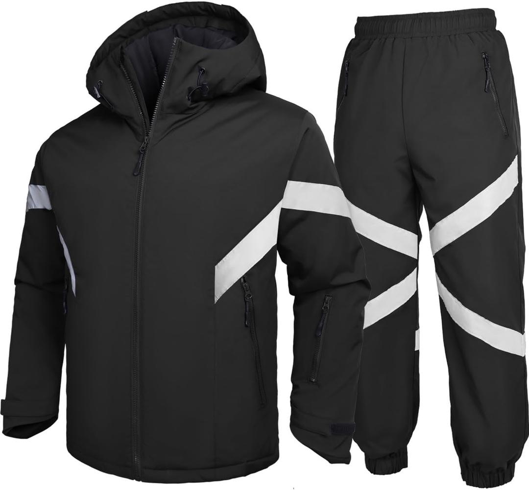 GEMYSE Men's Ski Suit Waterproof Snow Suit Winter snowboard Jacket and Pants Set Hooded ski outfits with Reflective Trim (Large, Black)