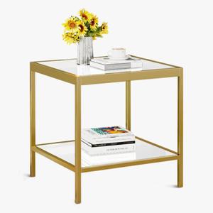 2 Tier Square End Table Side Table with Tempered Glass Top and Gold Metal Frame Modern Night Stand for Small Spaces Side Table with Storage for Living Room Bedroom