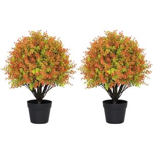 24" Fall Boxwood Topiary Ball Trees Artificial Outdoor Set of 2, UV Resistant Tall Faux Plants for Front Porch, 2ft Fake Bushes & Shrubs for Outside Patio Planter Autumn Decor