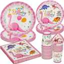 168PCS Dinosaur Party Supllies for Girls Pink Cartoon Dino Birthday Party Decorations Watercolor Dino Plates Cups Napkins Cups Forks Knives and Straws Tableware Set for 24 Guests