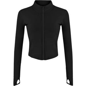 Gihuo Women's Athletic Full Zip Lightweight Workout Jacket with Thumb Holes (Black)